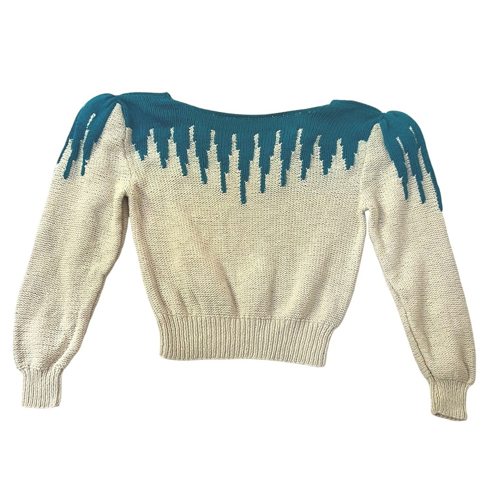 Lloyd Williams Sweater Cream Teal Silk Cotton Hand Knit Puff Sleeve Vintage S/M